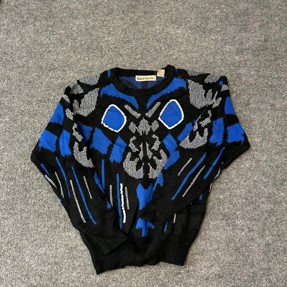 Adell Barre Sweater Womens Size M Blue Black Geometric Metallic Lurex Knit Retro